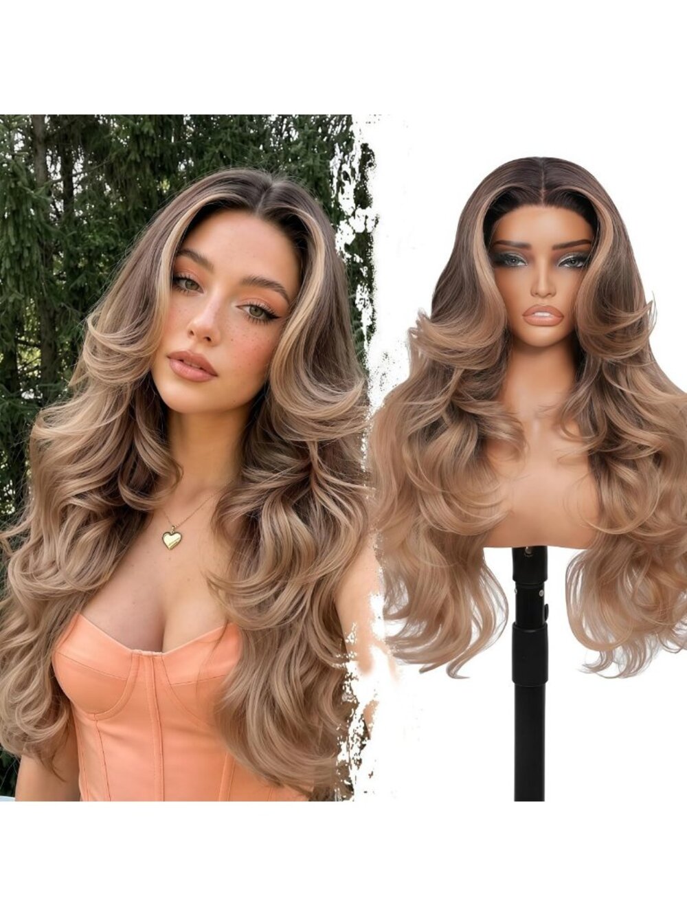 28" Layered Wavy Ombre Brown Synthetic Glueless Wig - Stylish & Versatile